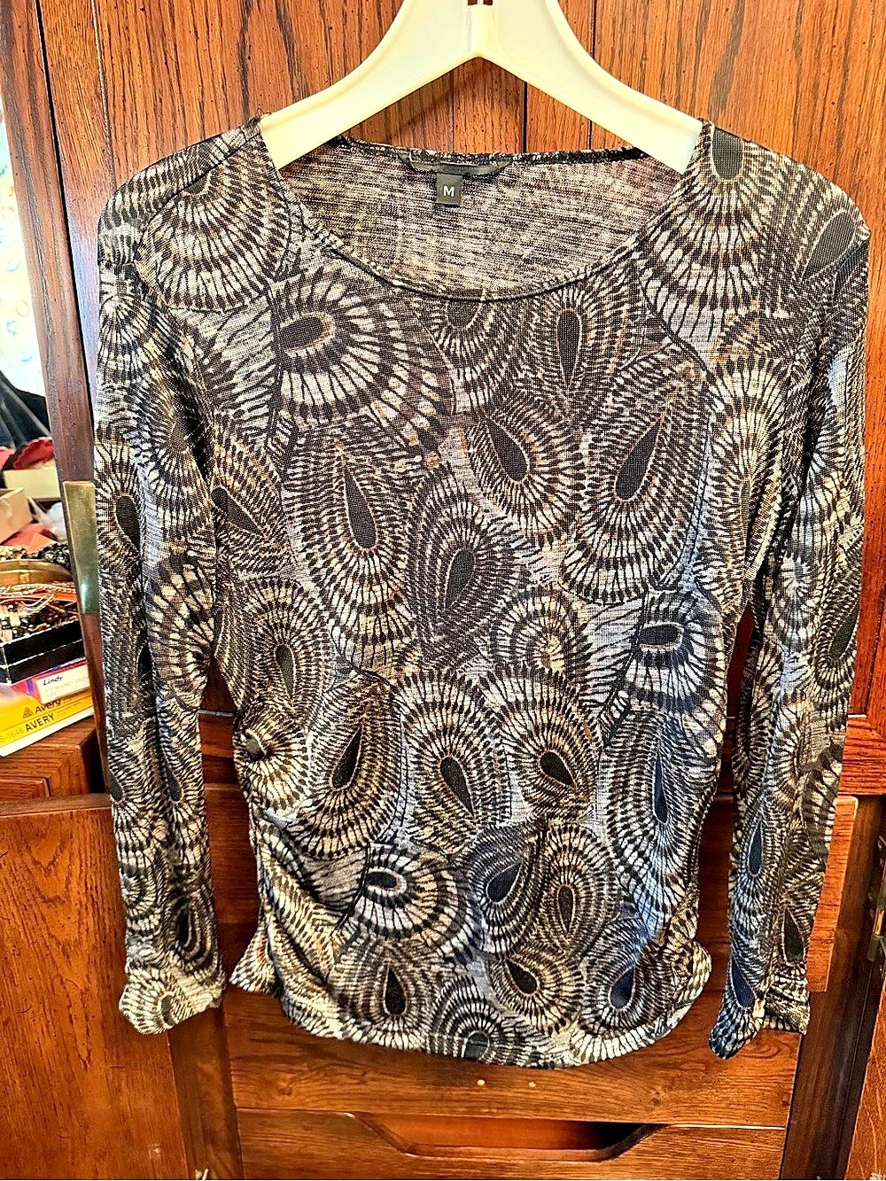Abstract sheer Long Sleeve Top in Black & Brown Size Medium
